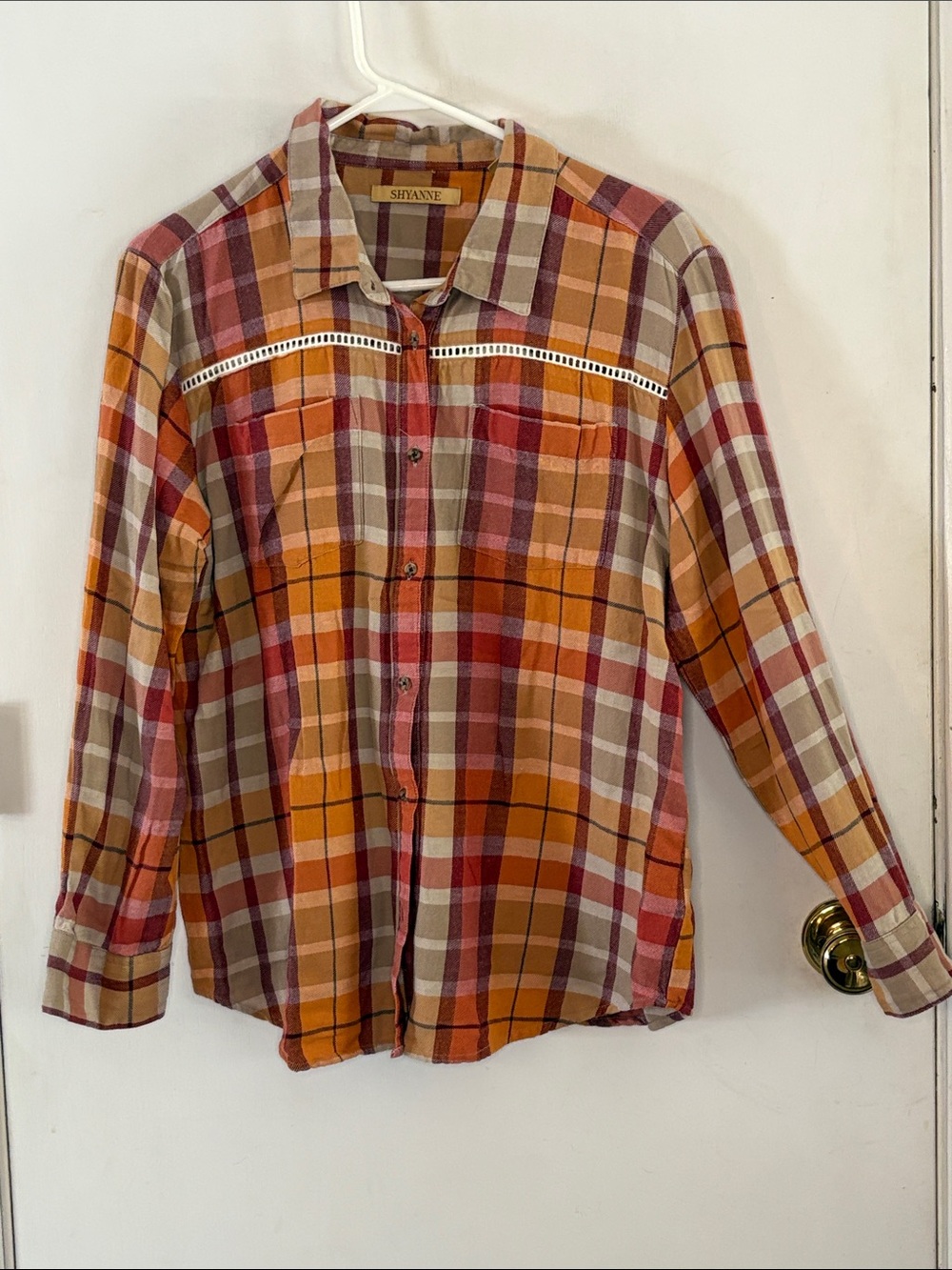 Shyanne orange gold brown long sleeve button down shirt crochet trim Size Medium